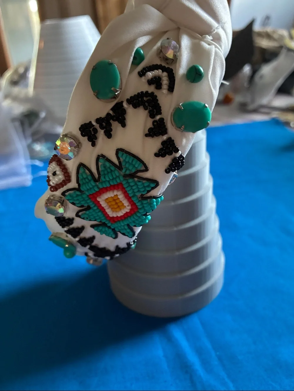 Embellished White Beaded Turban Headband with Turquoise Accents